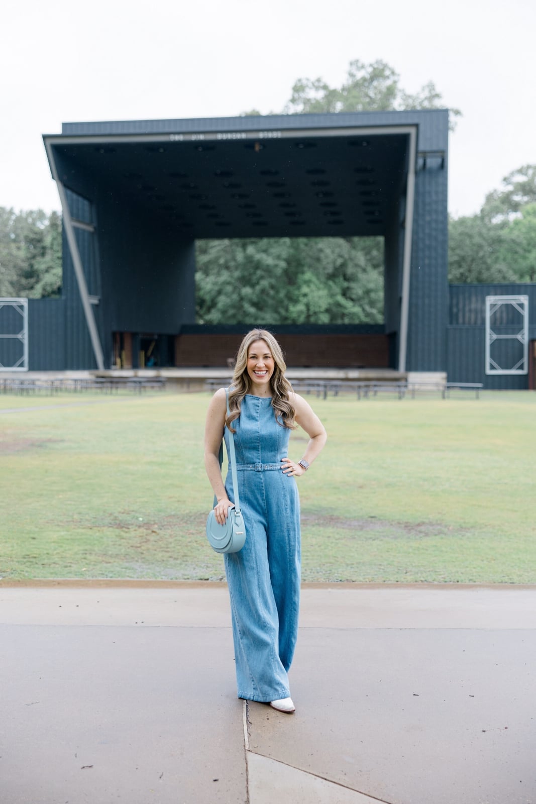 Denim Jumpsuit With Crossbody Bag Denim Jumpsuit With Crossbody Bag — Cute Concert Outfit Inspo