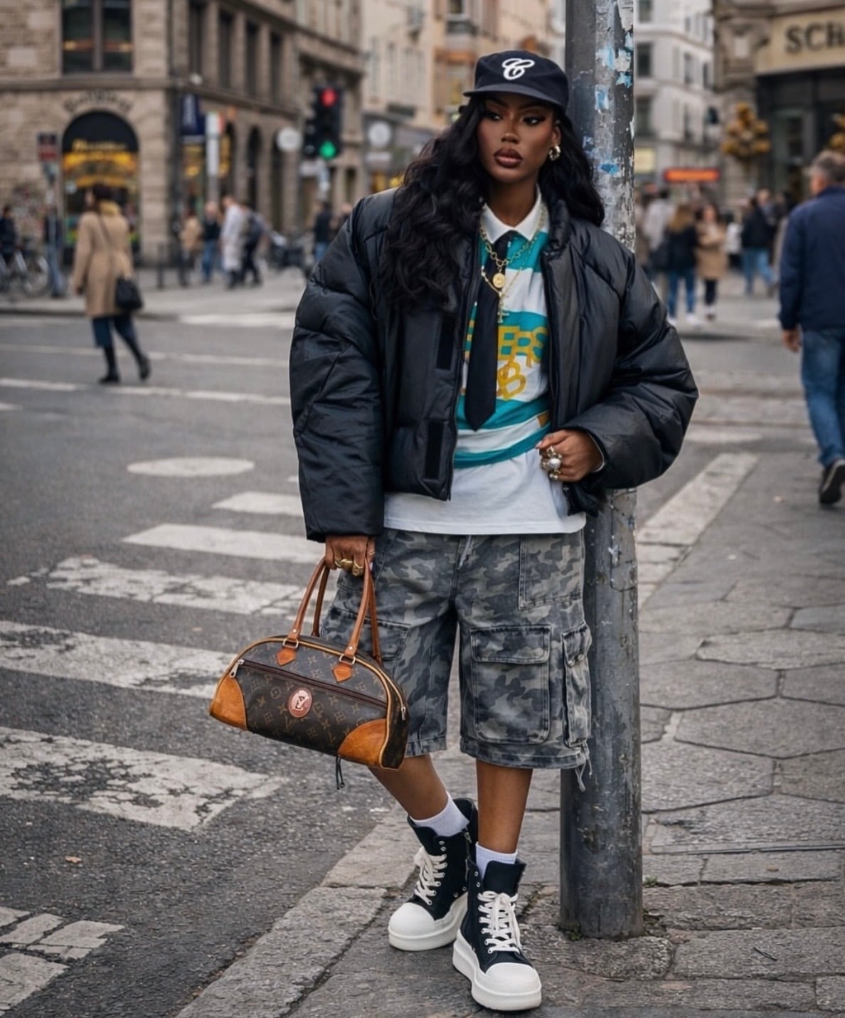 Puffer Jacket With Camo Cargo Shorts Puffer Jacket With Camo Cargo Shorts — Cute Concert Outfit Inspo