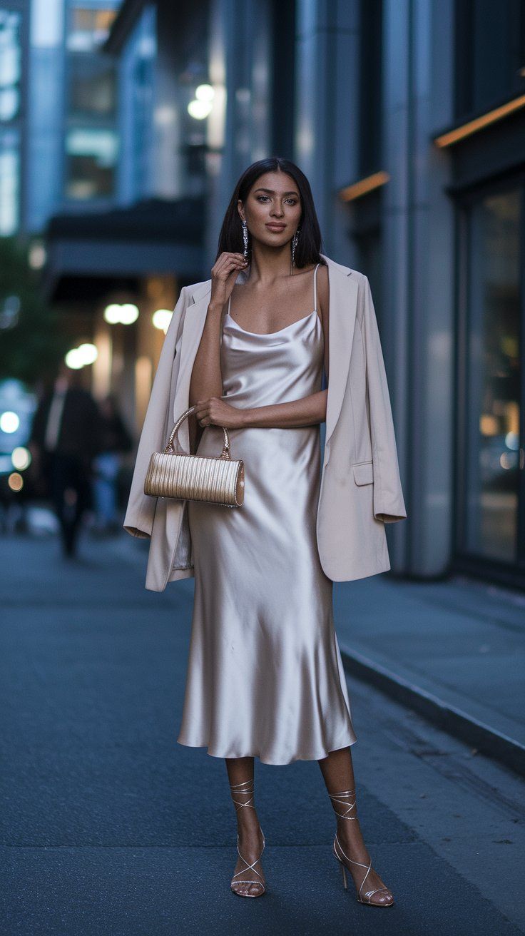 Champagne Satin Slip Dress with Oversized Beige Blazer Champagne Satin Slip Dress with Oversized Beige Blazer — Cute Dinner Outfit Inspo