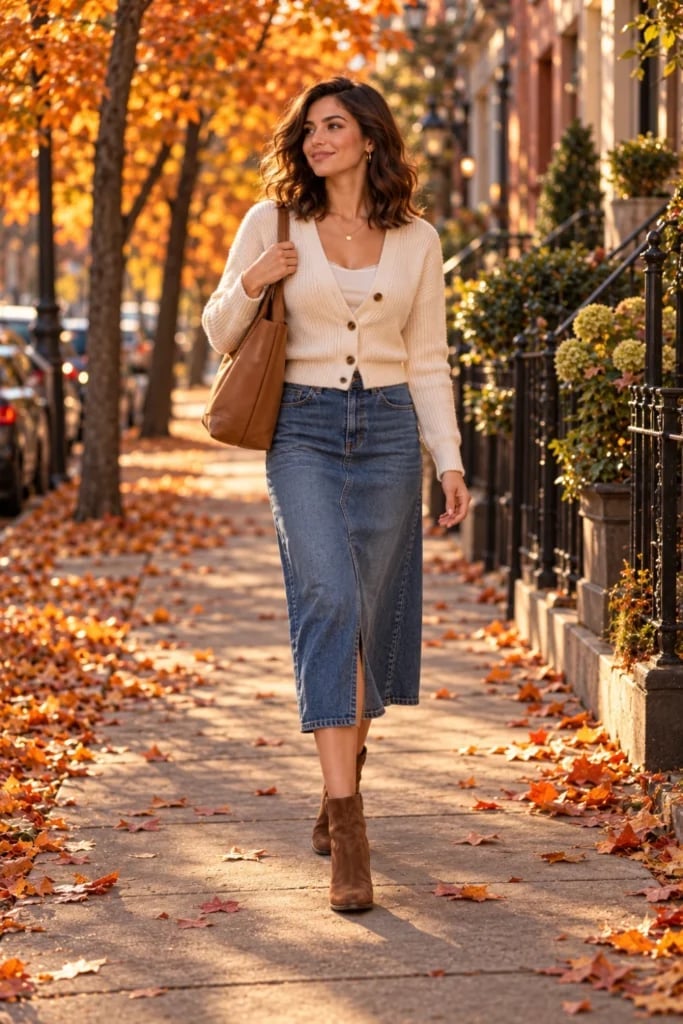 Cream Knit Cardigan Over White Tank with Denim Midi Skirt Cream Knit Cardigan Over White Tank with Denim Midi Skirt — Cute Dinner Outfit Inspo