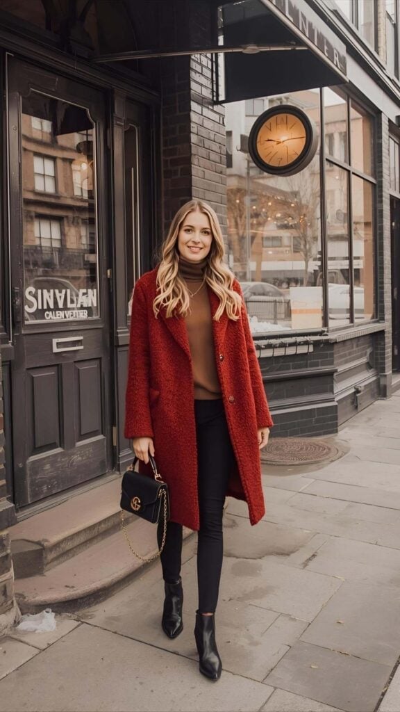Red Teddy Coat Over Brown Turtleneck and Black Pants Red Teddy Coat Over Brown Turtleneck and Black Pants — Cute Dinner Outfit Inspo