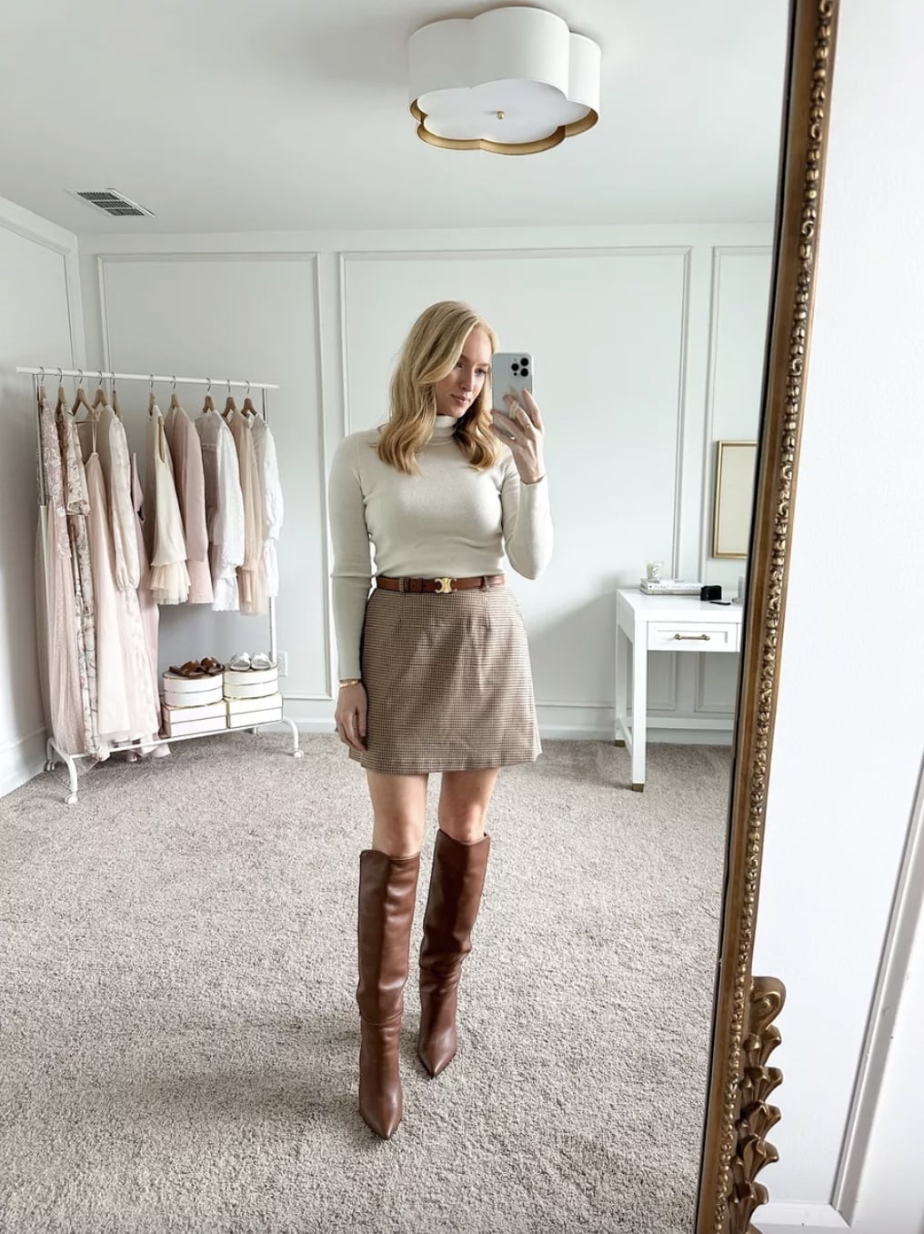 Cream Turtleneck with Brown Plaid Mini Skirt, Office-Safe Version Cream Turtleneck with Brown Plaid Mini Skirt, Office-Safe Version — Cute Dinner Outfit Inspo