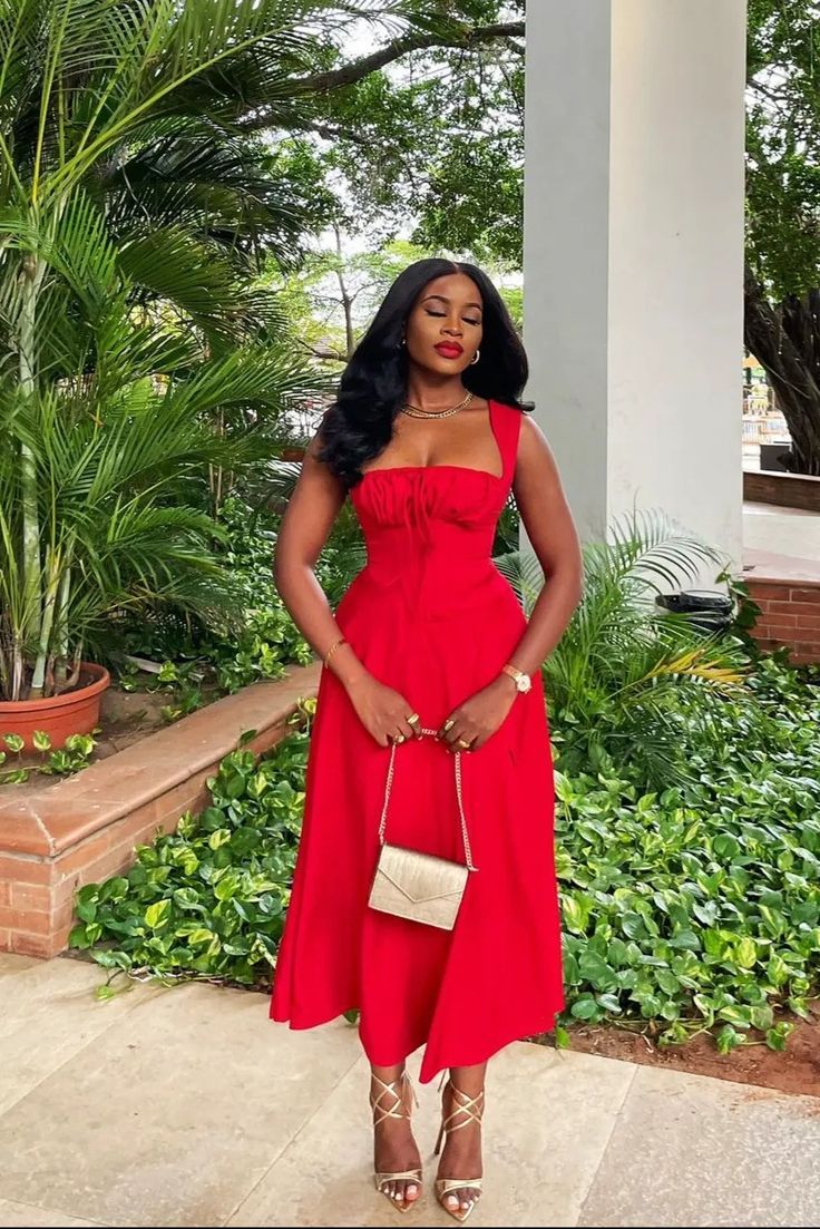 Vibrant Red Midi Dress with Gold Accessories, Close-Up Take Vibrant Red Midi Dress with Gold Accessories, Close-Up Take — Cute Dinner Outfit Inspo