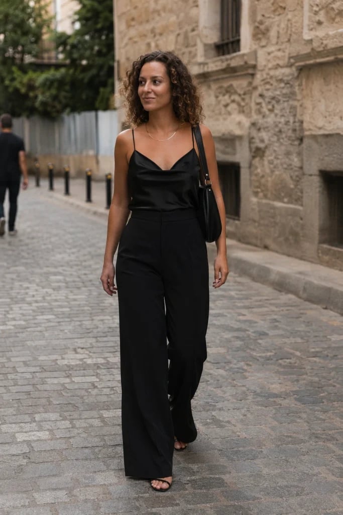 Black Satin Cami Top with Flowing Wide-Leg Trousers Black Satin Cami Top with Flowing Wide-Leg Trousers — Cute Dinner Outfit Inspo