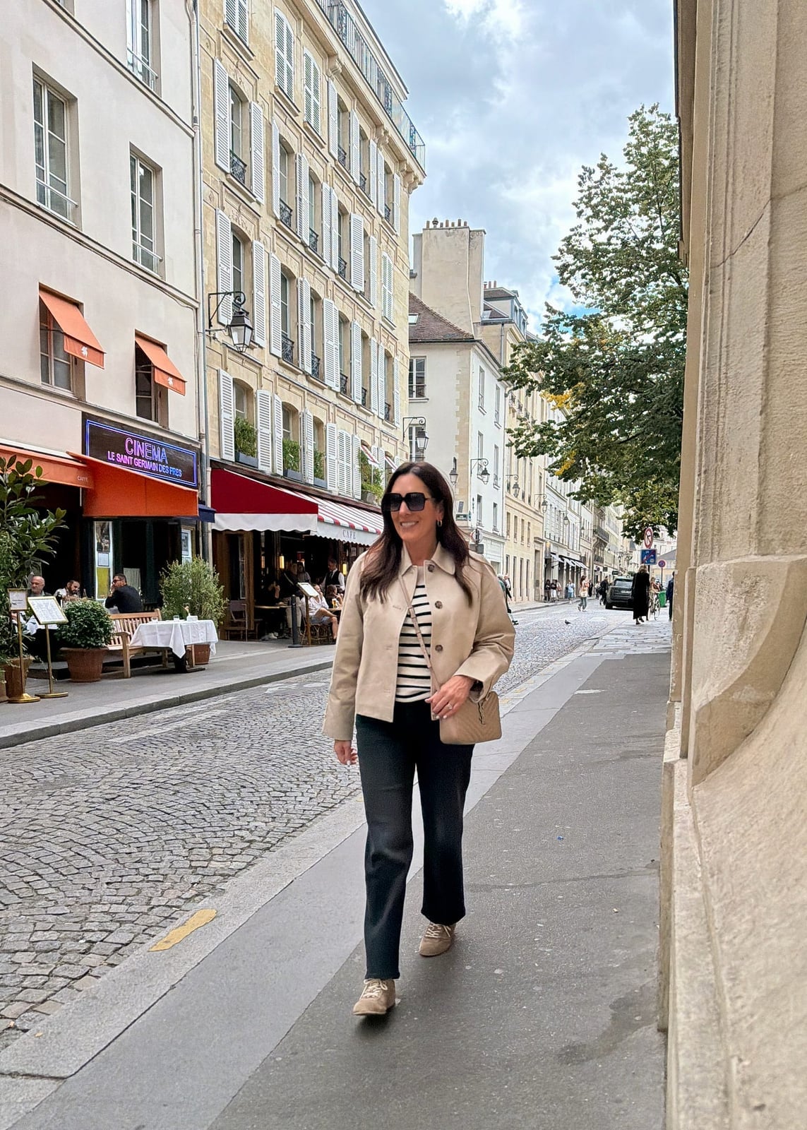 Beige Cropped Jacket Over Striped T-Shirt and Jeans Beige Cropped Jacket Over Striped T-Shirt and Jeans — Cute Dinner Outfit Inspo