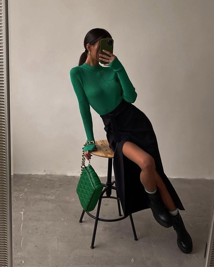Green Ribbed Knit Top with Black High-Slit Skirt Green Ribbed Knit Top with Black High-Slit Skirt — Cute Dinner Outfit Inspo
