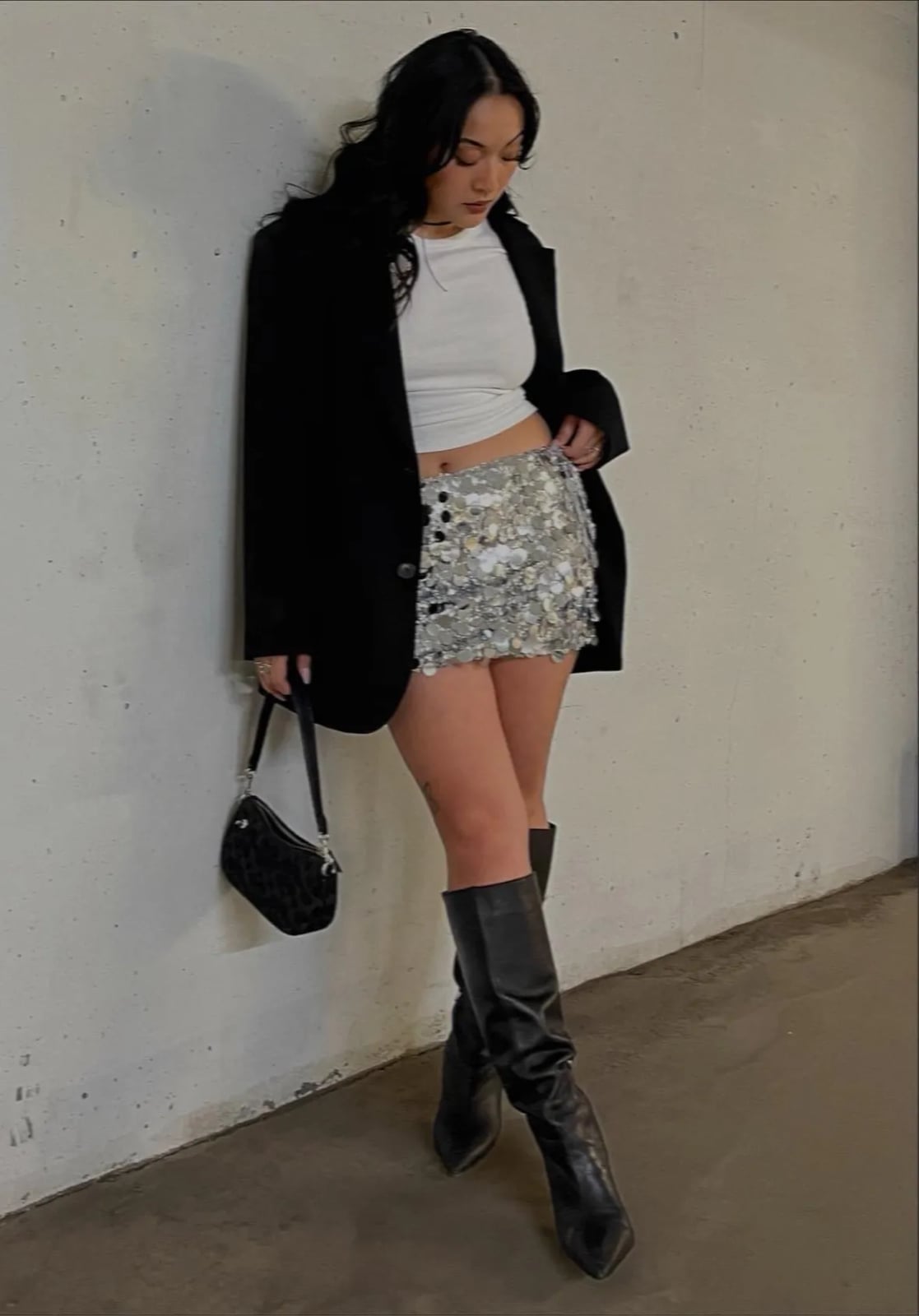 Black Blazer Over White Crop Top and Sequin Mini Skirt Black Blazer Over White Crop Top and Sequin Mini Skirt — Cute Dinner Outfit Inspo