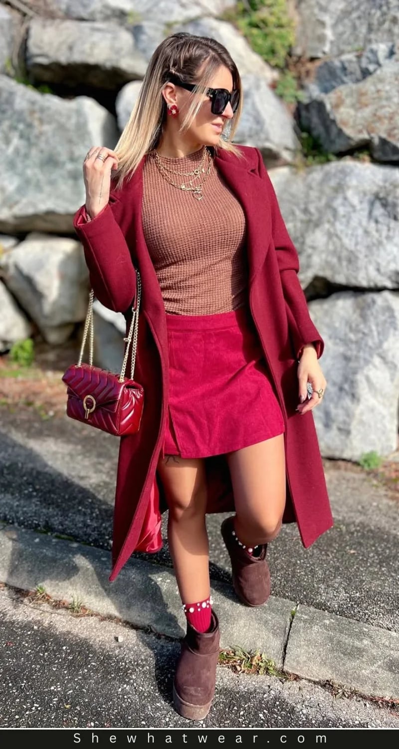 Red Suede Mini Skirt with Matching Red Coat and Brown Ribbed Top Red Suede Mini Skirt with Matching Red Coat and Brown Ribbed Top — Cute Dinner Outfit Inspo