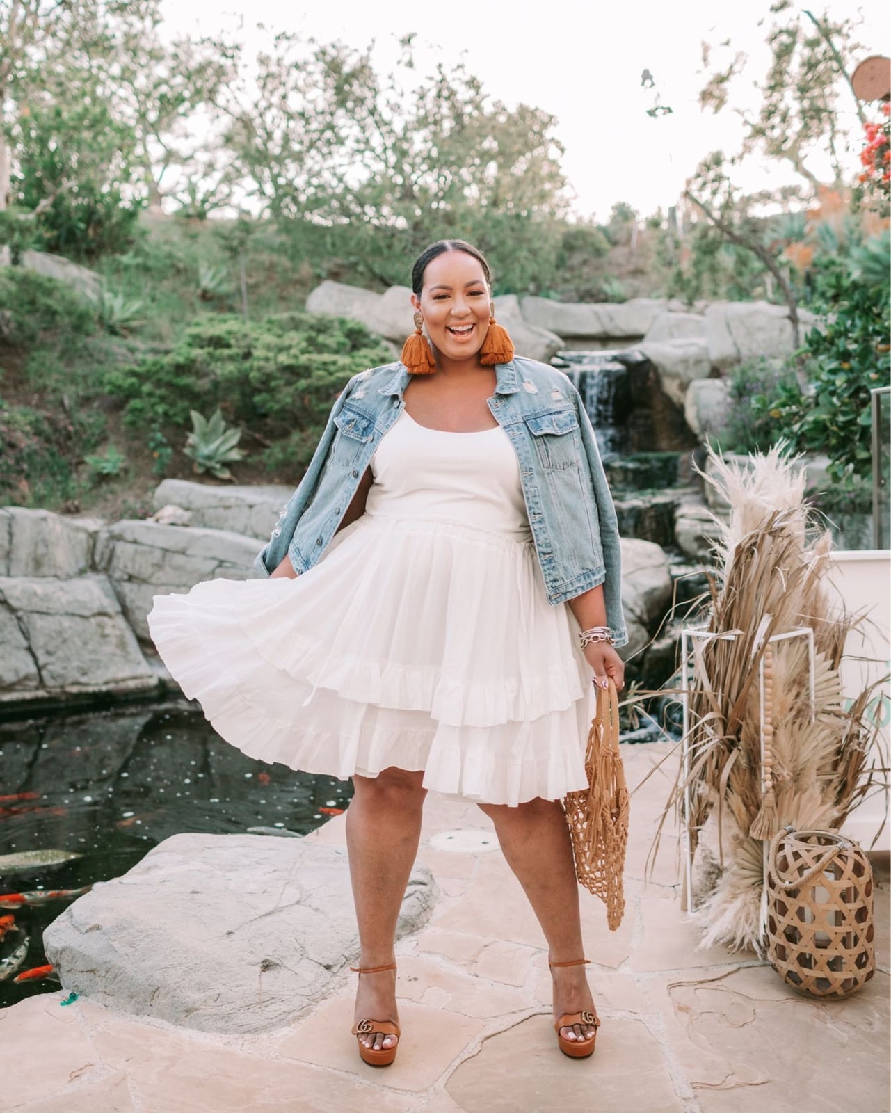 White Tiered Ruffle Dress with Denim Jacket White Tiered Ruffle Dress with Denim Jacket — Cute Dinner Outfit Inspo