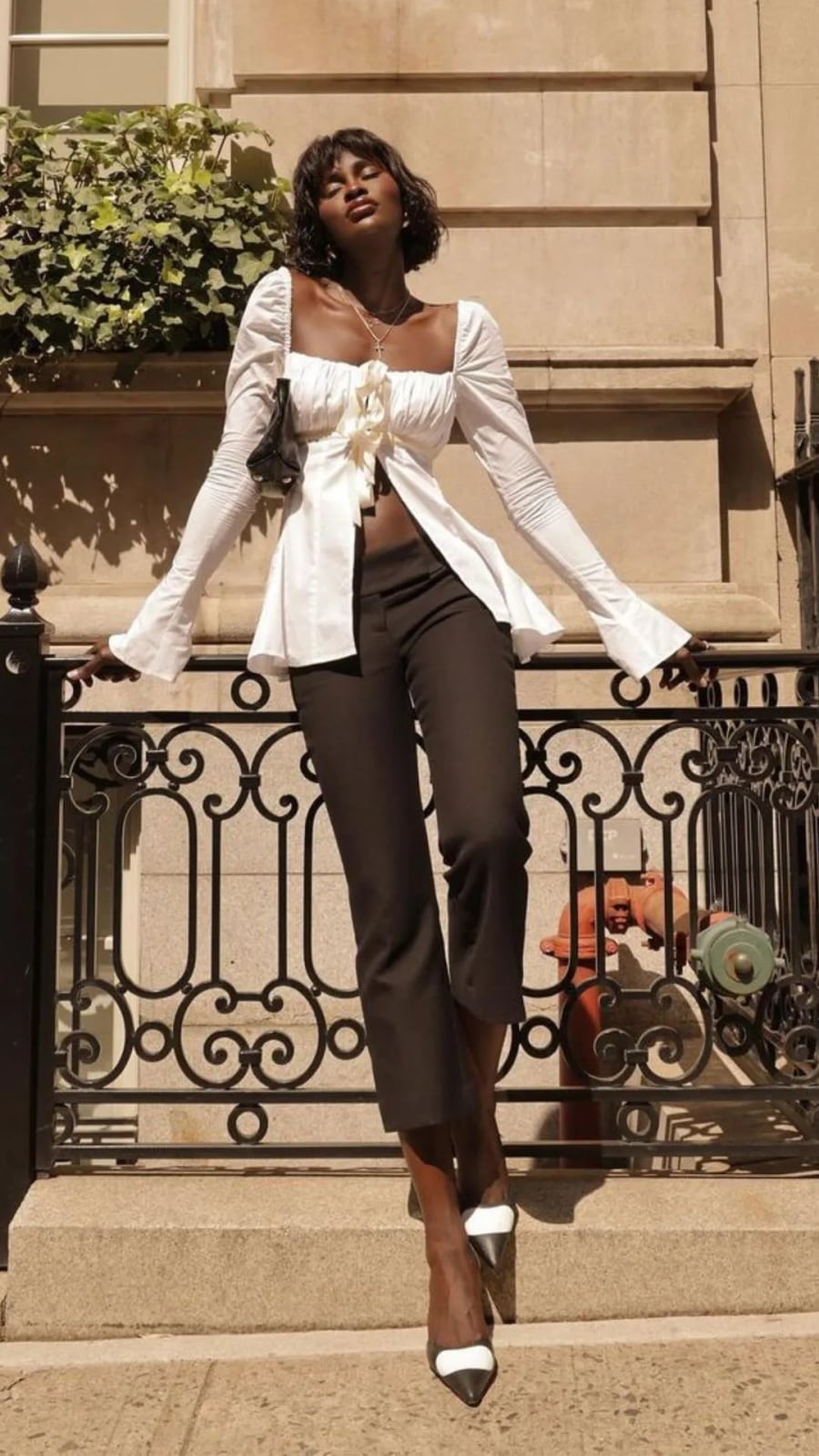 White Blouse with Sweetheart Neckline and Fitted Trousers White Blouse with Sweetheart Neckline and Fitted Trousers — Cute Dinner Outfit Inspo
