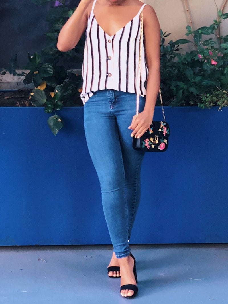 Striped Camisole Top with Skinny Blue Jeans Striped Camisole Top with Skinny Blue Jeans — Cute Dinner Outfit Inspo