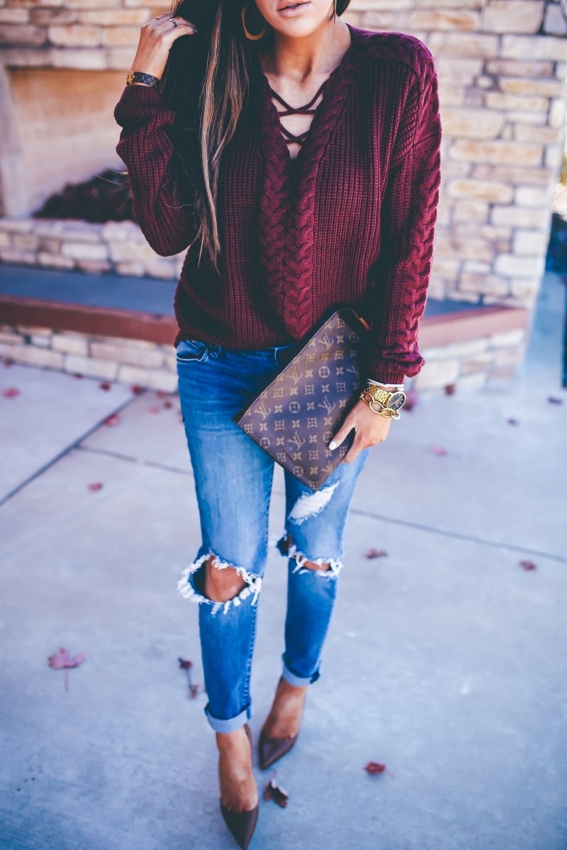 Burgundy Cable-Knit Sweater with Ripped Blue Jeans Burgundy Cable-Knit Sweater with Ripped Blue Jeans — Cute Dinner Outfit Inspo