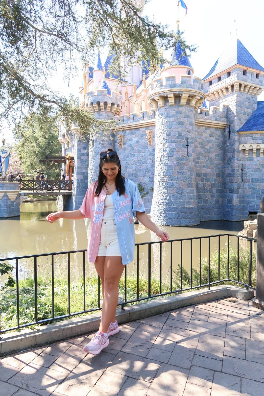 Colorblock Baseball Jersey Over White Tank Top Colorblock Baseball Jersey Over White Tank Top — Cute Disney Outfit Inspo