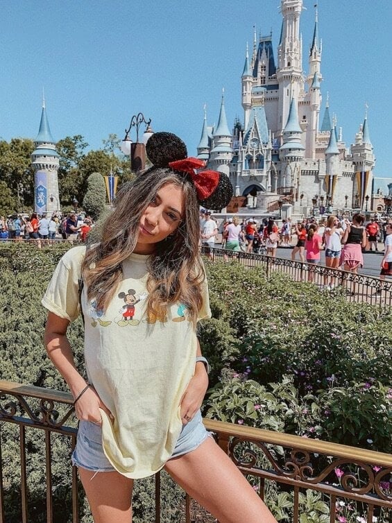Yellow Graphic Tee with Denim Shorts and Mickey Ears, Close-Up Take Yellow Graphic Tee with Denim Shorts and Mickey Ears, Close-Up Take — Cute Disney Outfit Inspo