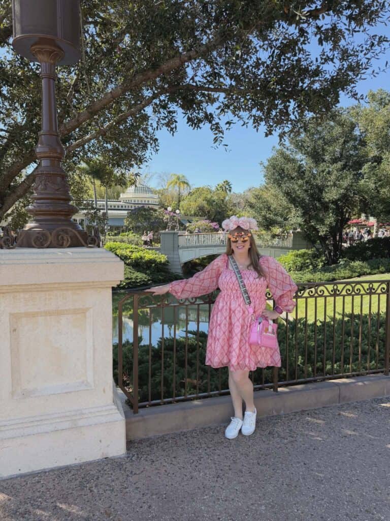 Pink Patterned A-line Dress with Floral Crown Pink Patterned A-line Dress with Floral Crown — Cute Disney Outfit Inspo