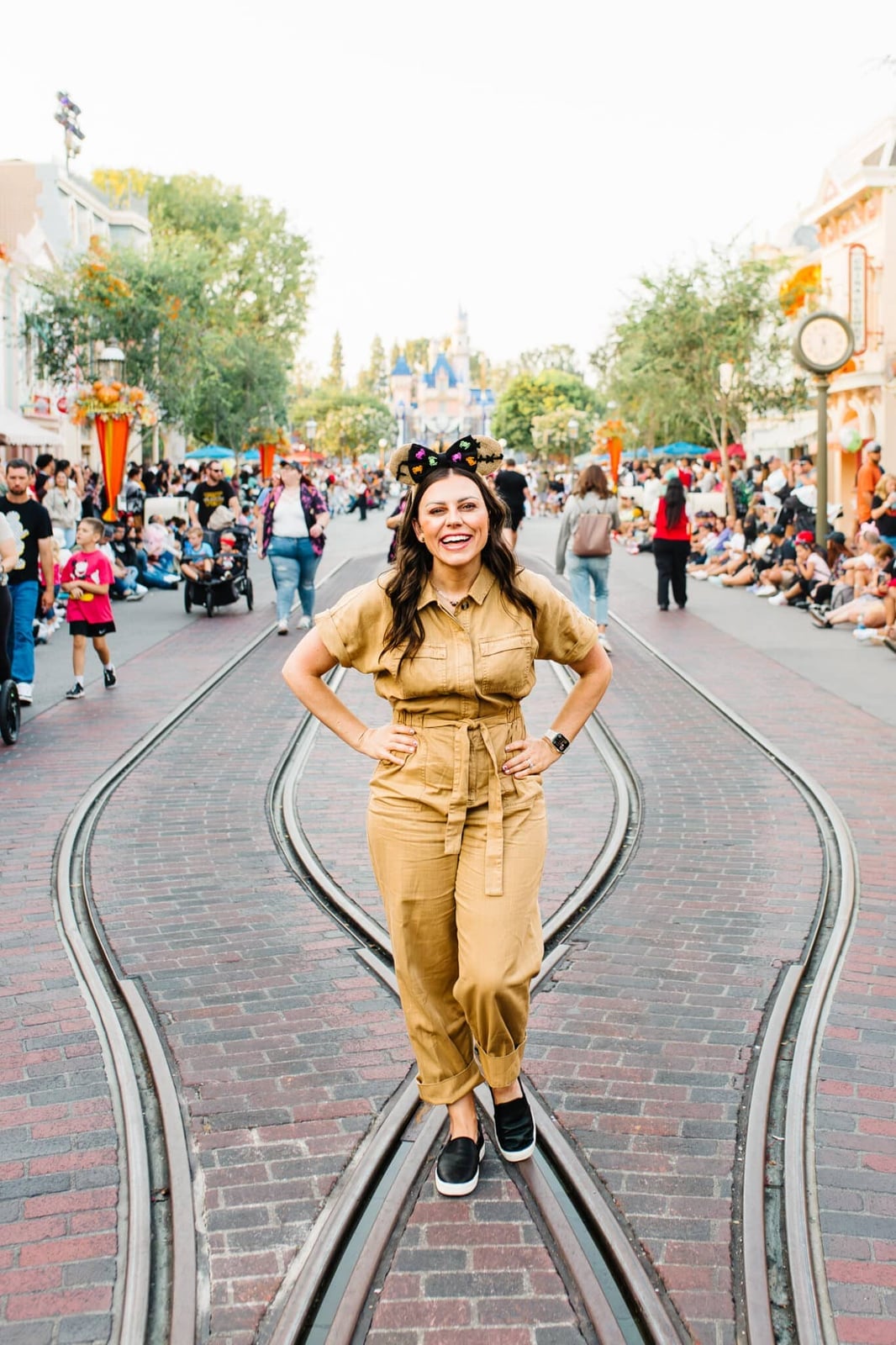 Tan Utility Jumpsuit with Black Headband and Ears Tan Utility Jumpsuit with Black Headband and Ears — Cute Disney Outfit Inspo