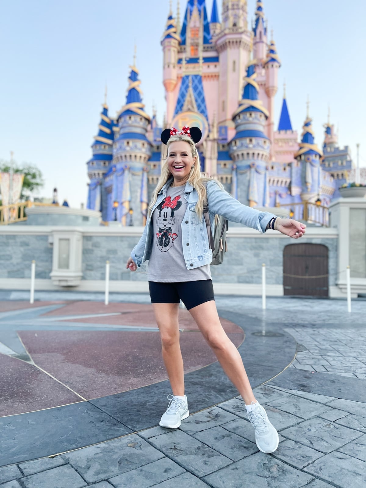 Denim Jacket Over Graphic Tee with Fitted Shorts Denim Jacket Over Graphic Tee with Fitted Shorts — Cute Disney Outfit Inspo