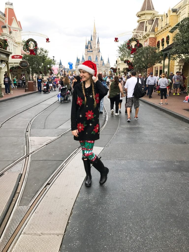 Black Sweater Dress with Patterned Leggings and Boots Black Sweater Dress with Patterned Leggings and Boots — Cute Disney Outfit Inspo
