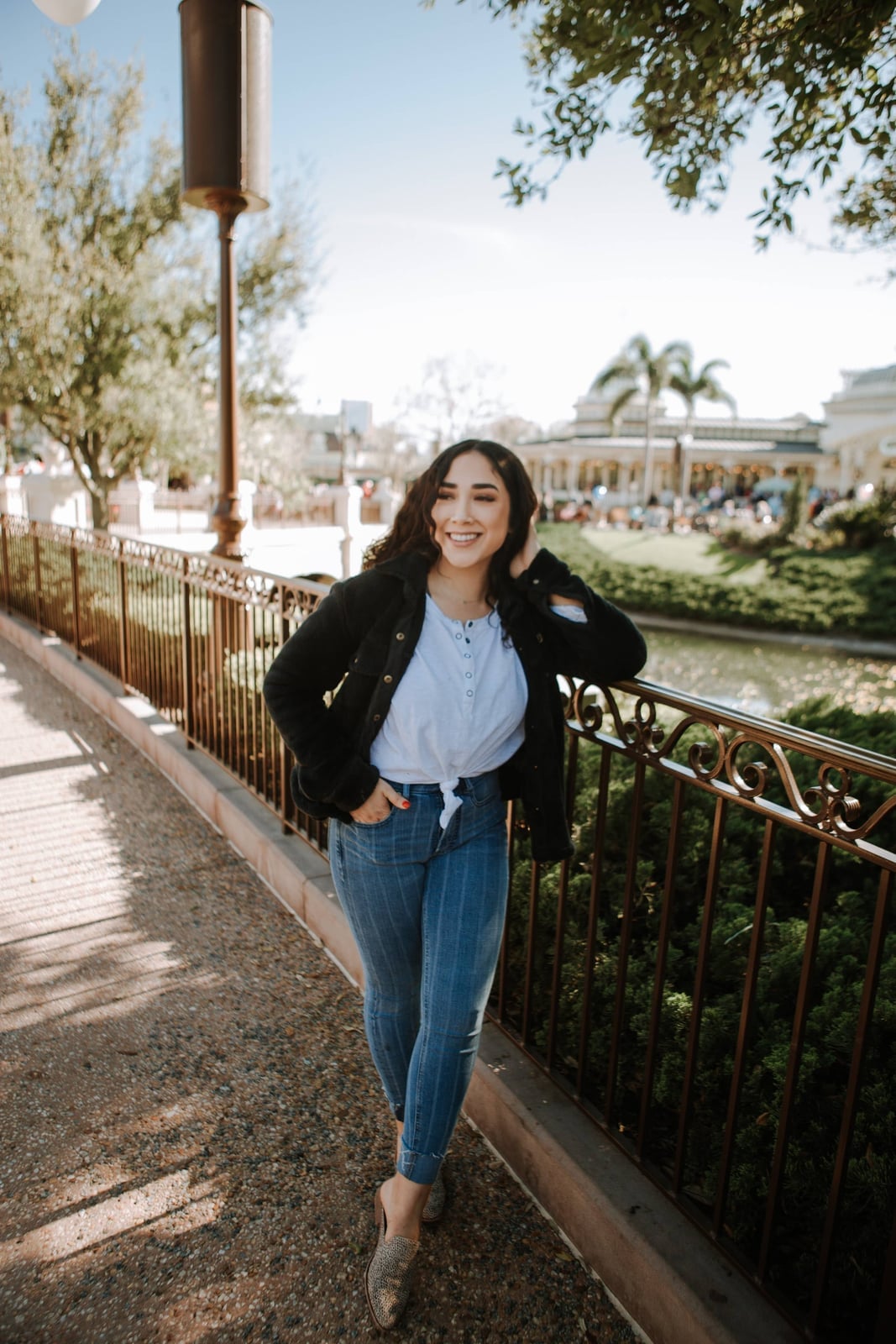 Black Bomber Jacket Over Tied Light Blue Shirt and Skinny Jeans Black Bomber Jacket Over Tied Light Blue Shirt and Skinny Jeans — Cute Disney Outfit Inspo