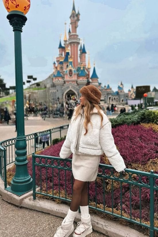 Cream Teddy Fleece Jacket Over Knit Mini Dress Cream Teddy Fleece Jacket Over Knit Mini Dress — Cute Disney Outfit Inspo