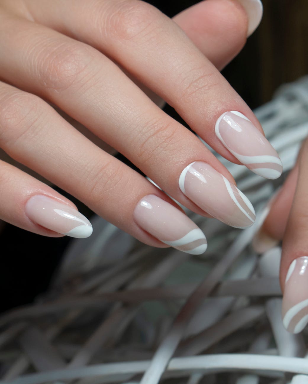Medium Almond Sheer Nude With White Curved Lines — Cute Elegant Nails