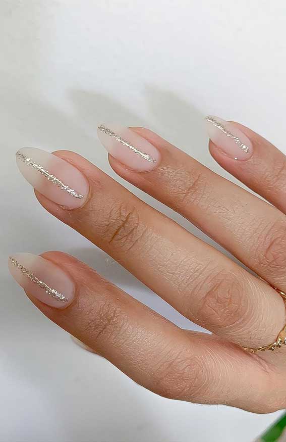 Medium Almond Sheer Milky Nude With Silver Glitter Line — Cute Elegant Nails