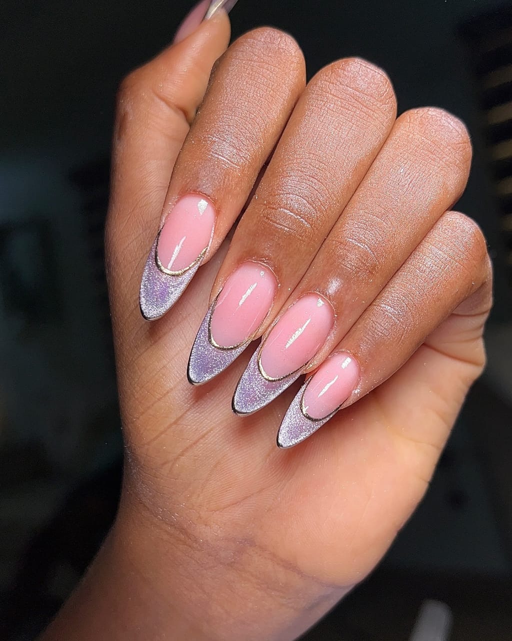 Sharp Medium Almond Pink With Silver Glitter French — Cute Elegant Nails