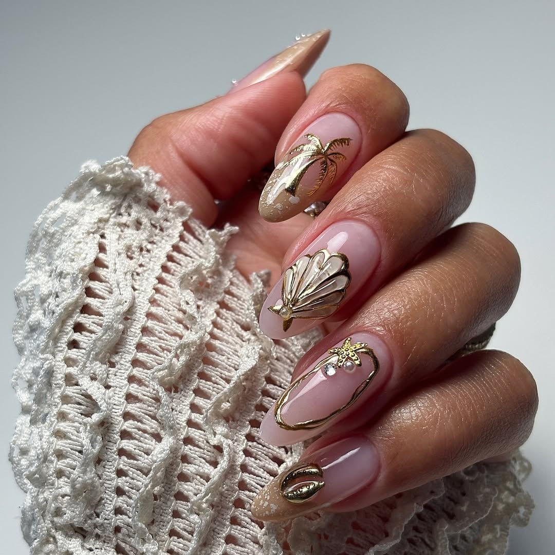 Long Almond Sheer Pink With Gold Foil Accents — Cute Elegant Nails