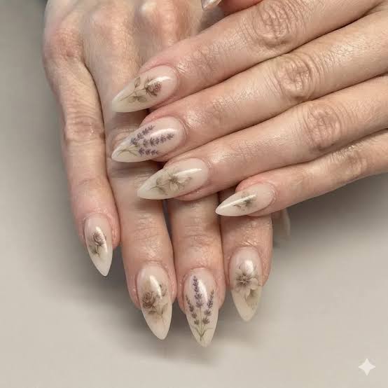 Long Almond Sheer Nude With Botanical Decals — Cute Elegant Nails