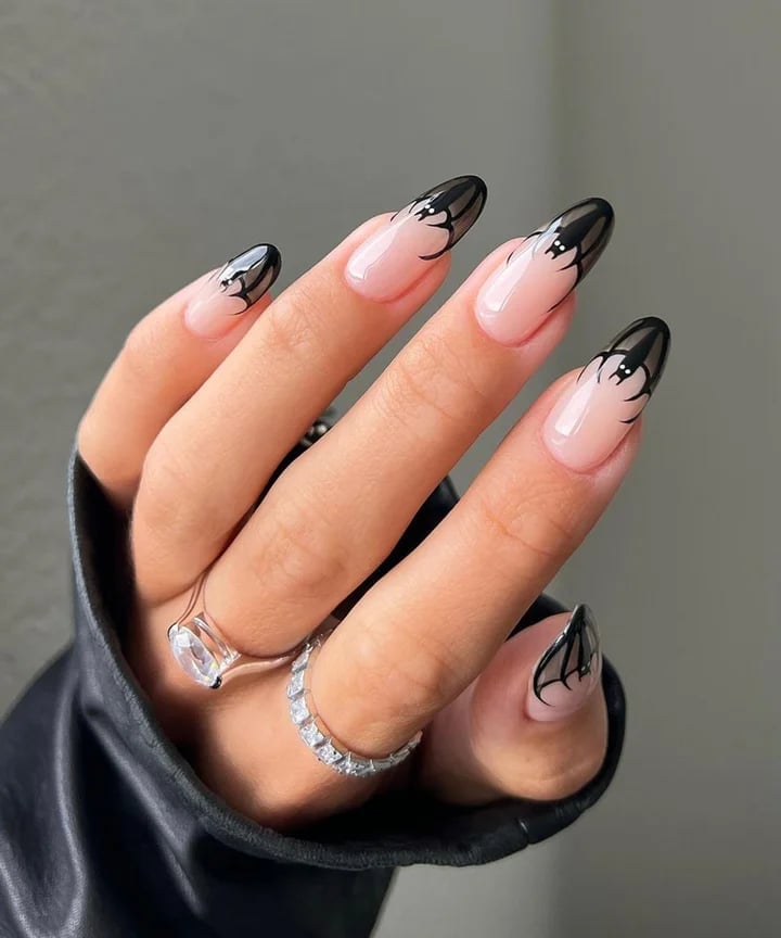 Medium Almond Pink Black French Bat Art — Cute Elegant Nails