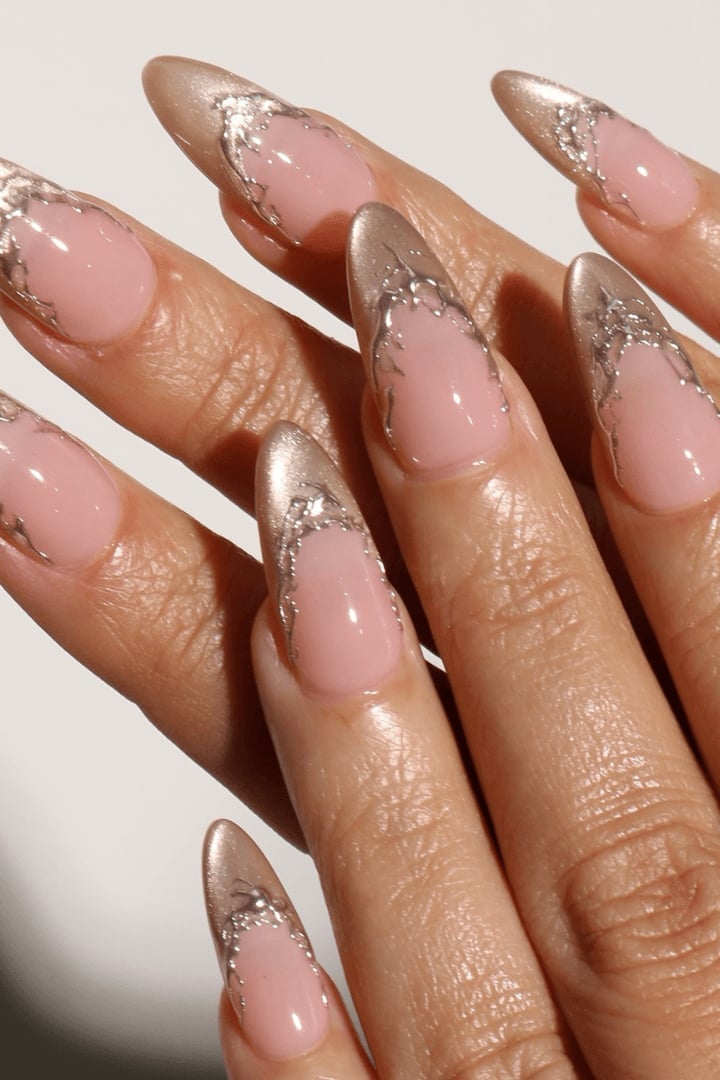 Long Stiletto Sheer Pink Champagne Gold French Foil — Cute Elegant Nails