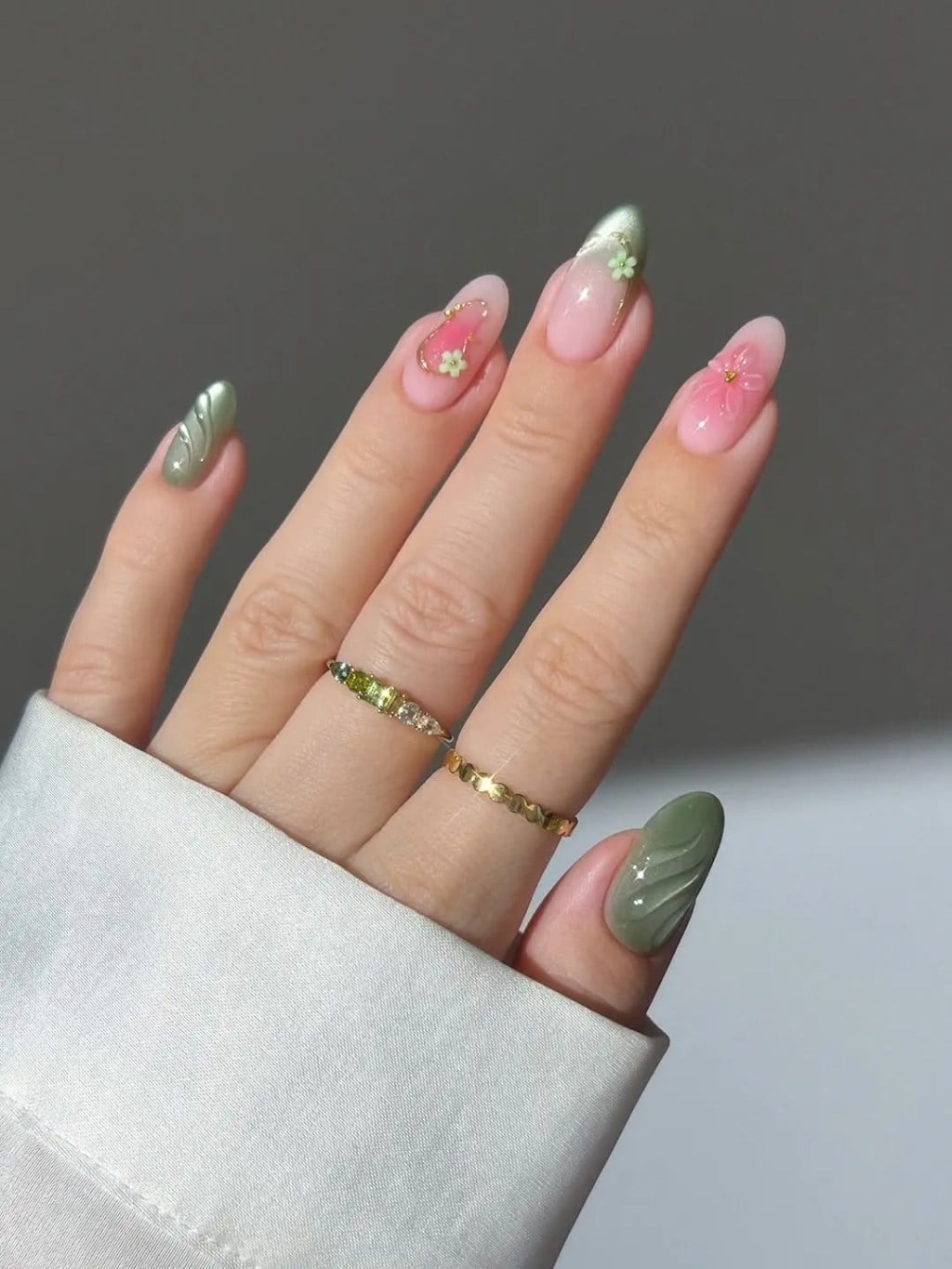 Medium Oval Pink Green Floral Pearlescent Matte — Cute Elegant Nails