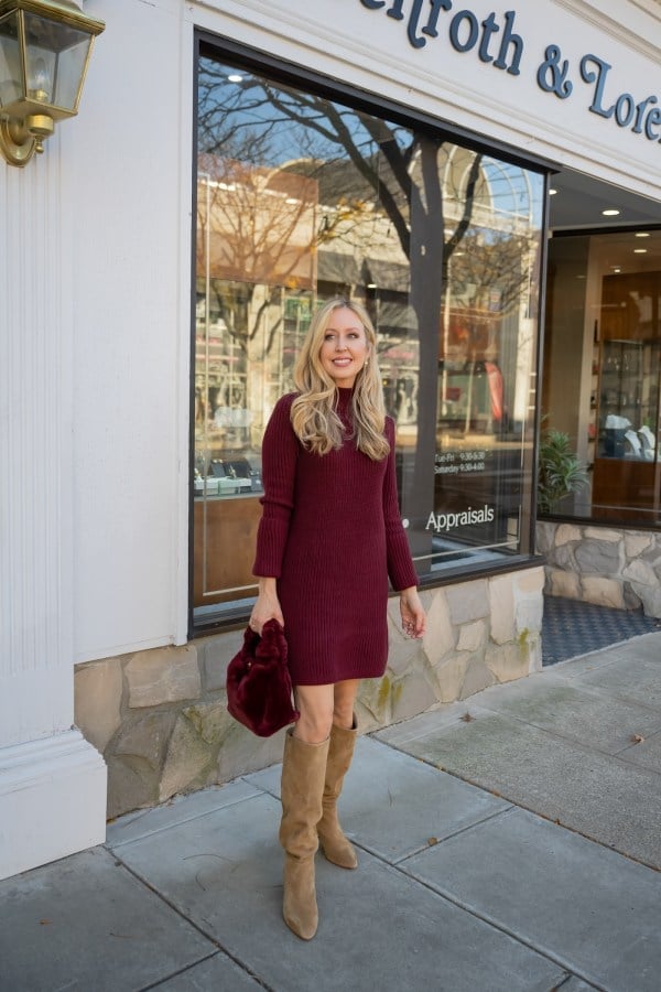 Burgundy Knit Turtleneck Dress with Suede Boots — Cute Elegant Outfits