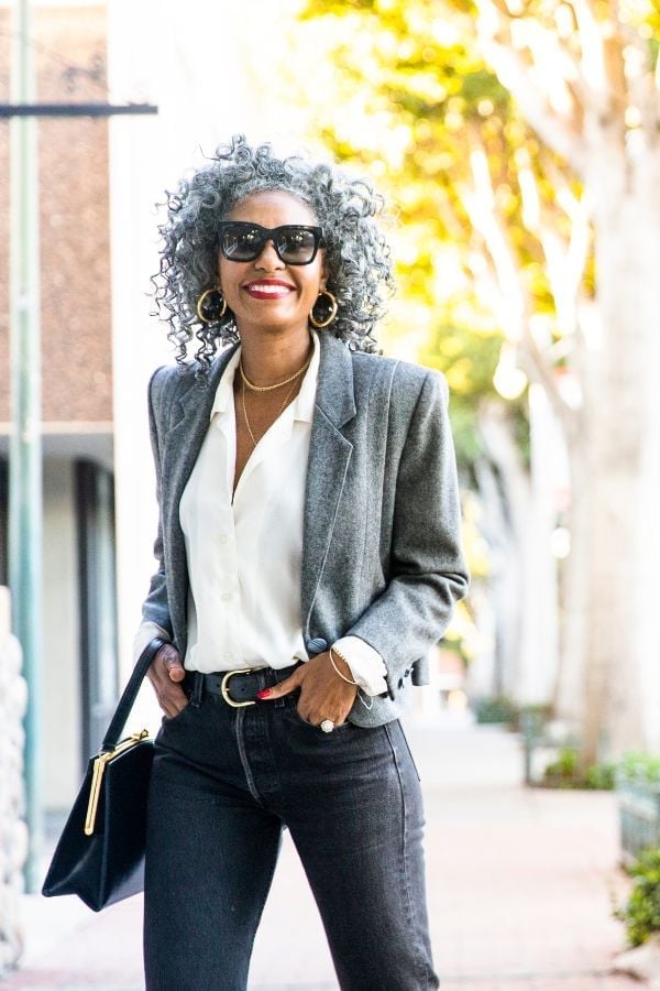 Gray Blazer Over White Button-Down Shirt and Black Jeans — Cute Elegant Outfits