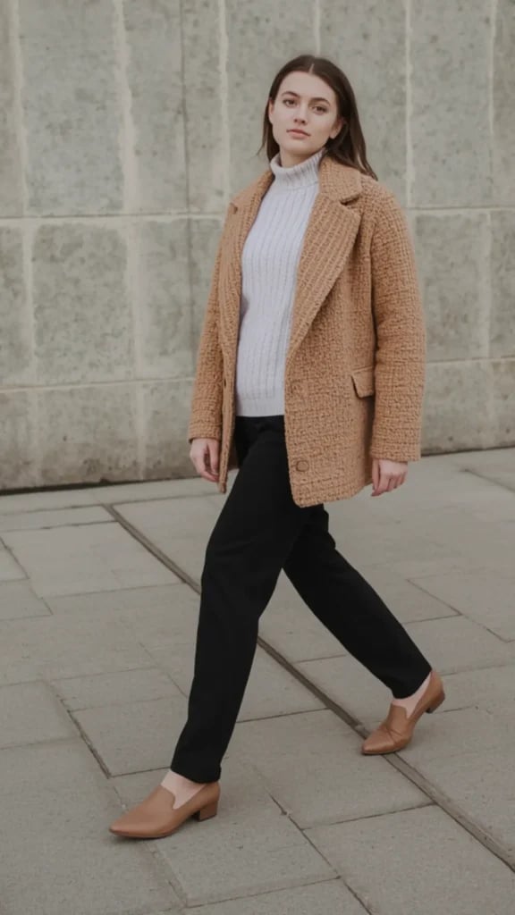 Tan Teddy Coat Over Gray Knit Sweater and Black Trousers — Cute Elegant Outfits