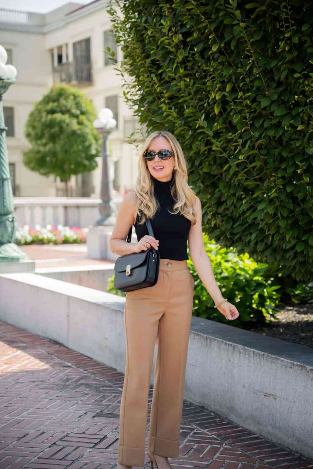 Black Turtleneck Top with Cuffed Tan Wide Leg Trousers — Cute Elegant Outfits