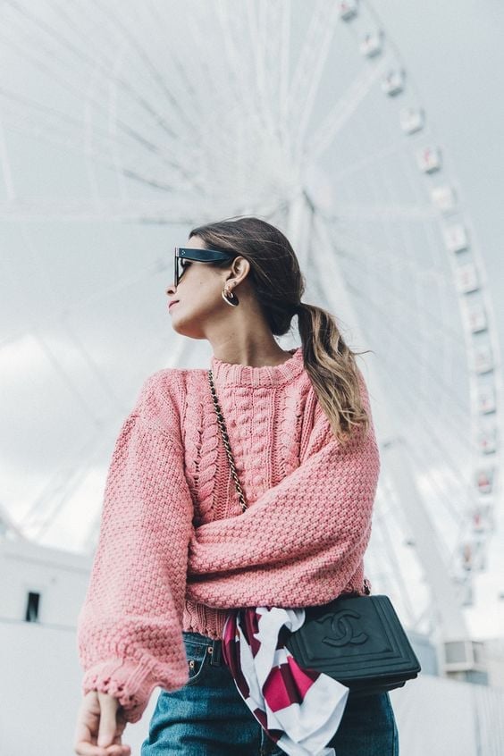 Pink Cable Knit Sweater with Denim Jeans and Gold Hoop Earrings — Cute Elegant Outfits