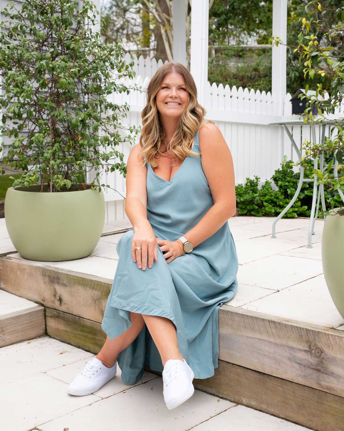 Light Blue Linen Slip Dress with White Sneakers — Cute Elegant Outfits