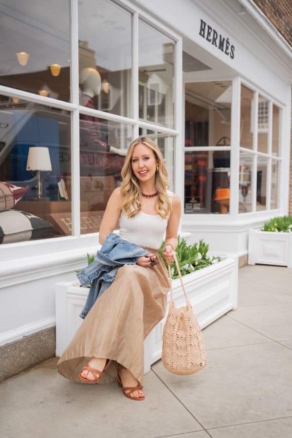 Beige Flowing Skirt with Denim Jacket Draped — Cute Elegant Outfits