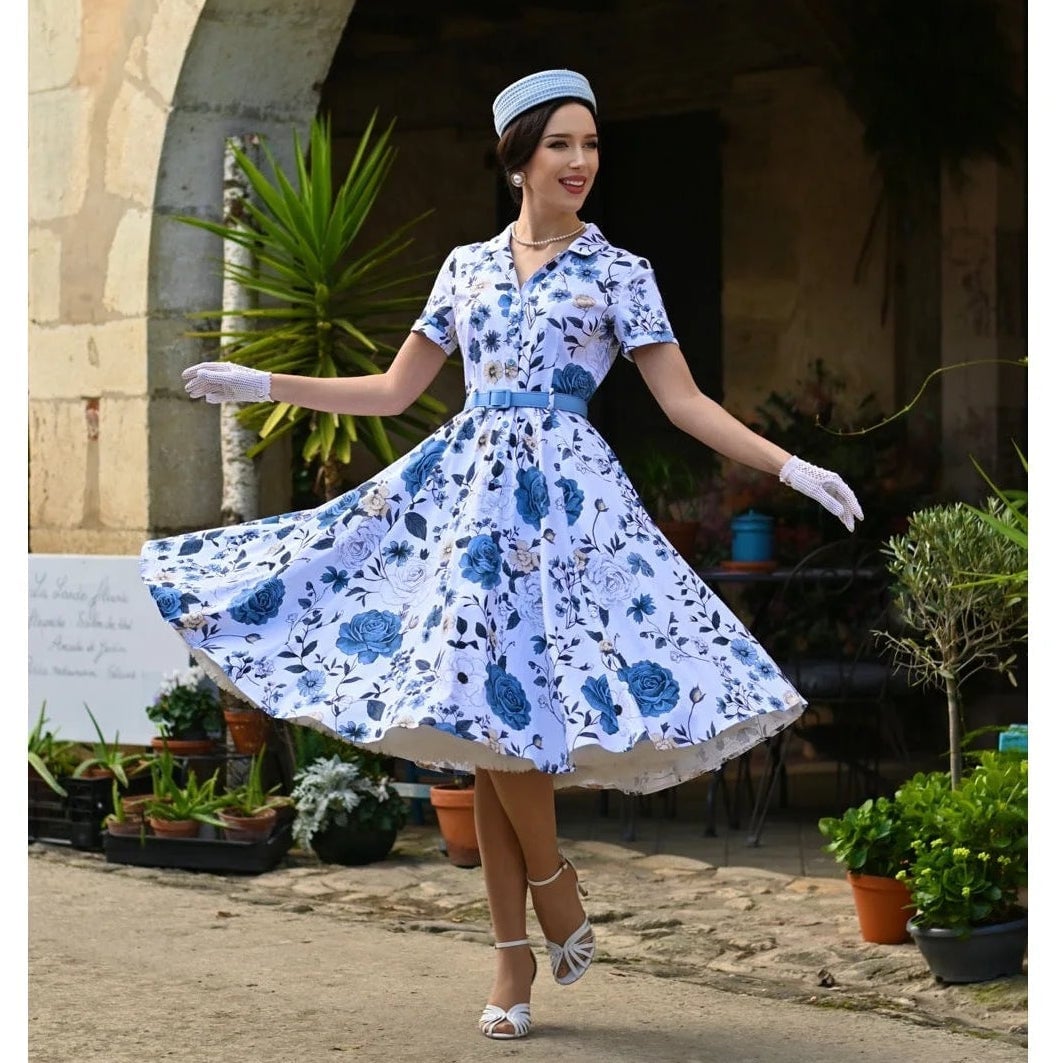 White Floral Print Dress with Blue Belt and Hat — Cute Elegant Outfits