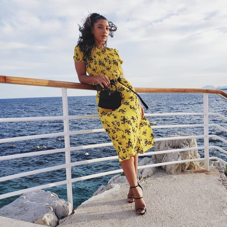 Yellow Floral Print Midi Dress with Black Belt — Cute Elegant Outfits