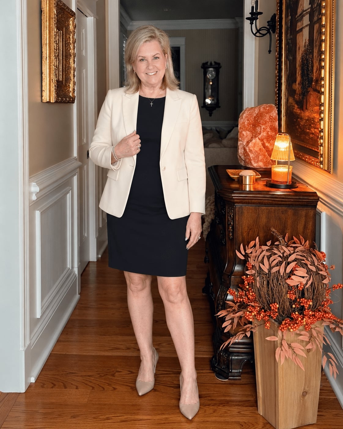 Cream Blazer Over Black Sheath Dress — Cute Elegant Outfits