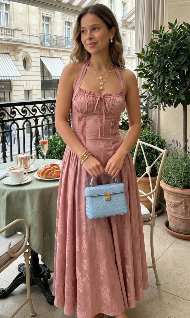 Pink Jacquard Halter Dress with Full Skirt — Cute Elegant Outfits