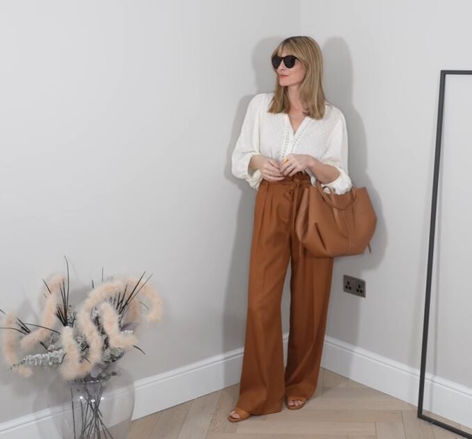 White Textured Blouse with Wide Leg Brown Trousers — Cute Elegant Outfits