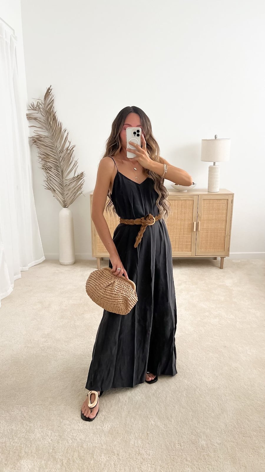 Black Linen Slip Dress with Braided Belt — Cute Elegant Outfits