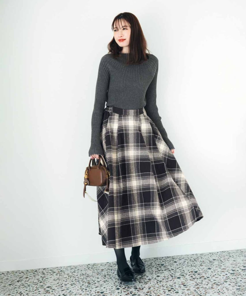 Gray Knit Sweater with Plaid Midi Skirt — Cute Elegant Outfits