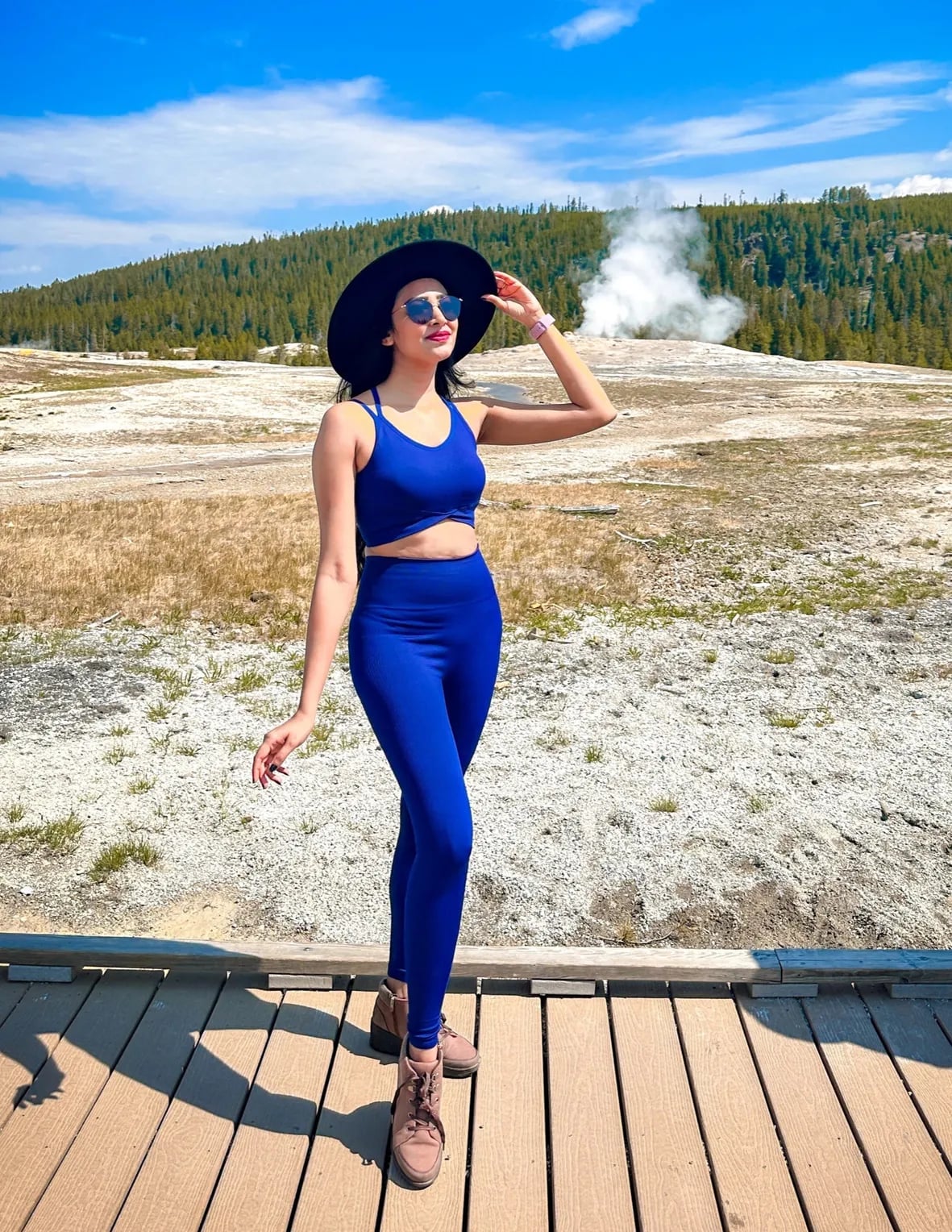 Royal Blue Matching Set With Tan Hiking Boots Royal Blue Matching Set With Tan Hiking Boots — Cute Hiking Outfit Inspo
