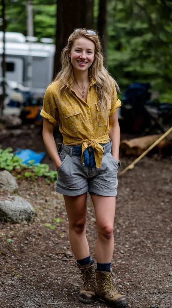 Yellow Button-Up Shirt Tied Over Gray Shorts Yellow Button-Up Shirt Tied Over Gray Shorts — Cute Hiking Outfit Inspo