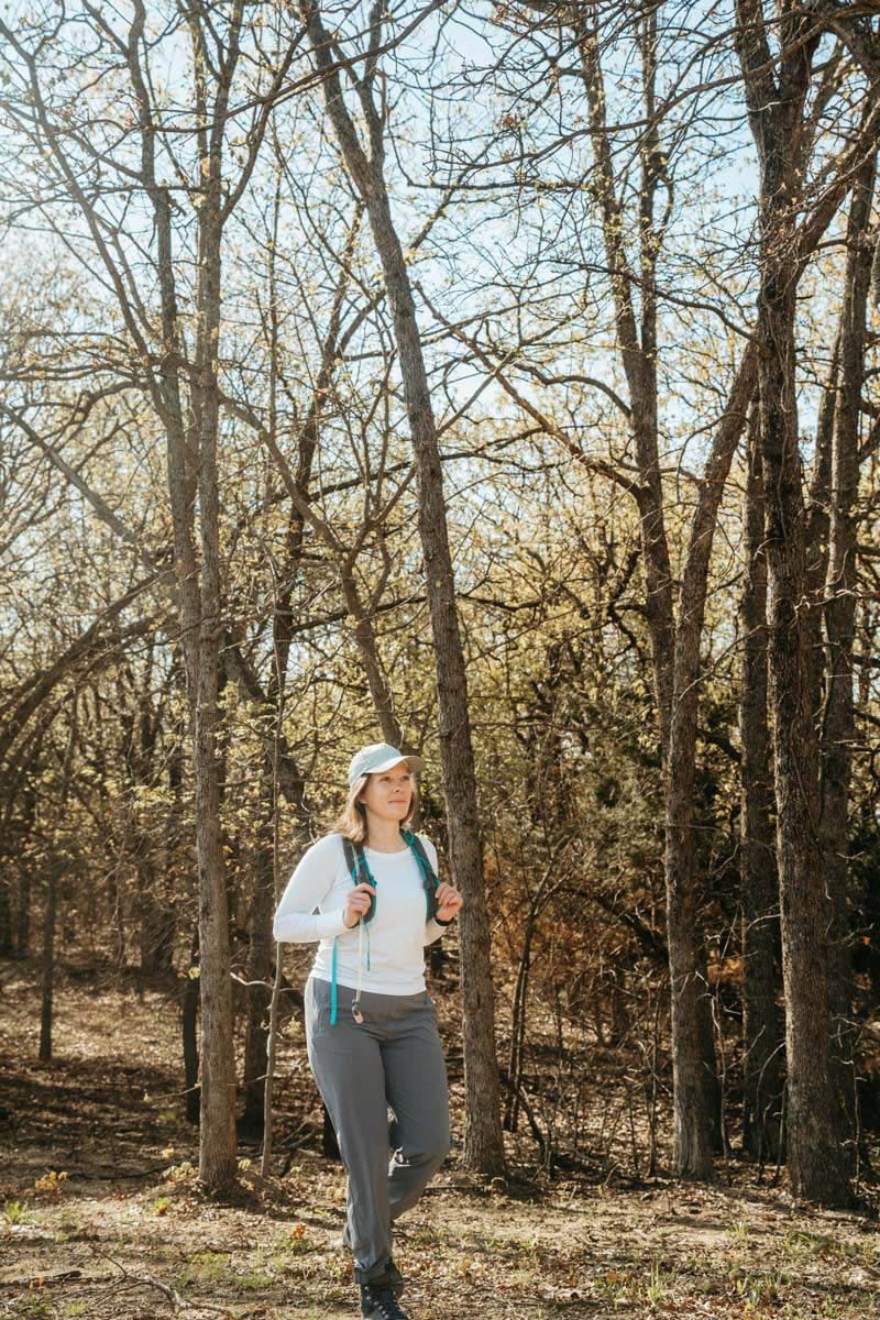 White Long-Sleeve Shirt With Gray Pants White Long-Sleeve Shirt With Gray Pants — Cute Hiking Outfit Inspo