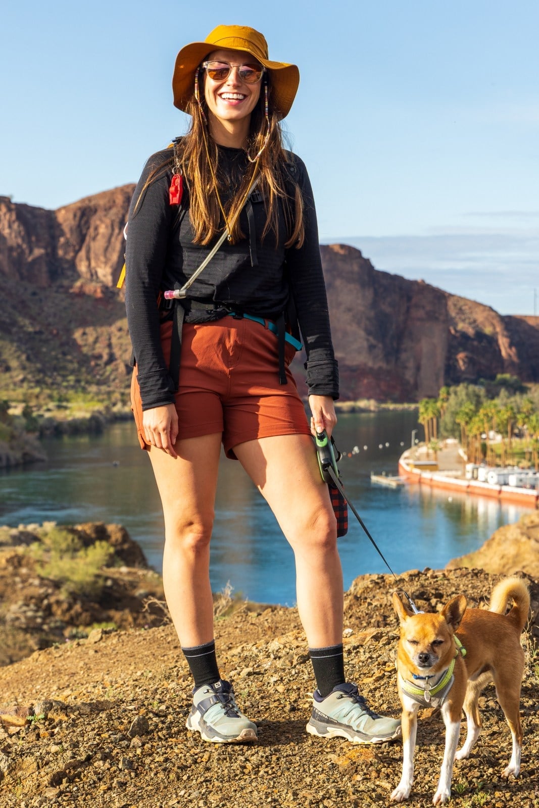 Black Shirt With Rust Orange Shorts Black Shirt With Rust Orange Shorts — Cute Hiking Outfit Inspo